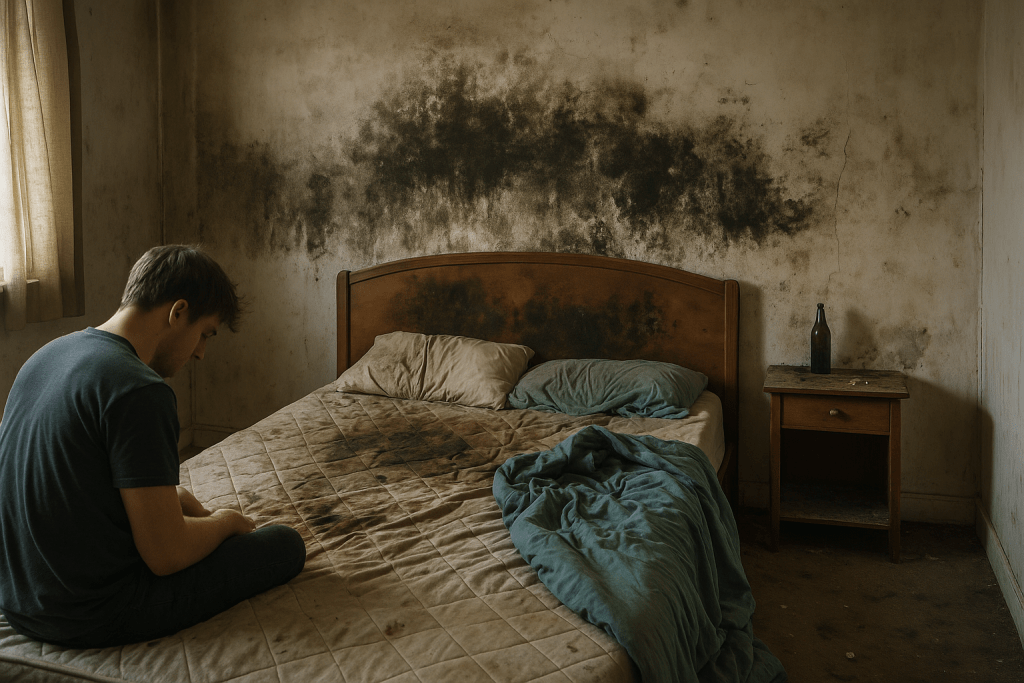 Chambre insalubre à Royan occupée par un homme trentenaire, avec moisissures derrière le lit, avant intervention de nettoyage après syndrome de Diogène.