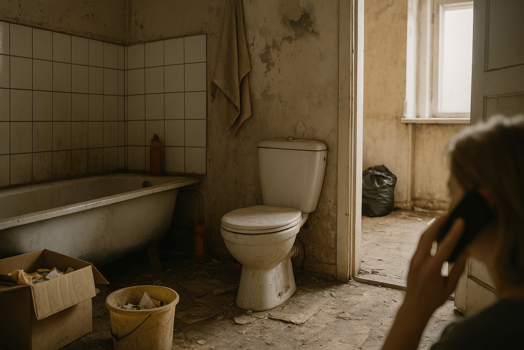 Salle de bain insalubre à Royan, femme appelant les secours pour signaler un cas de syndrome de Diogène nécessitant un nettoyage professionnel.