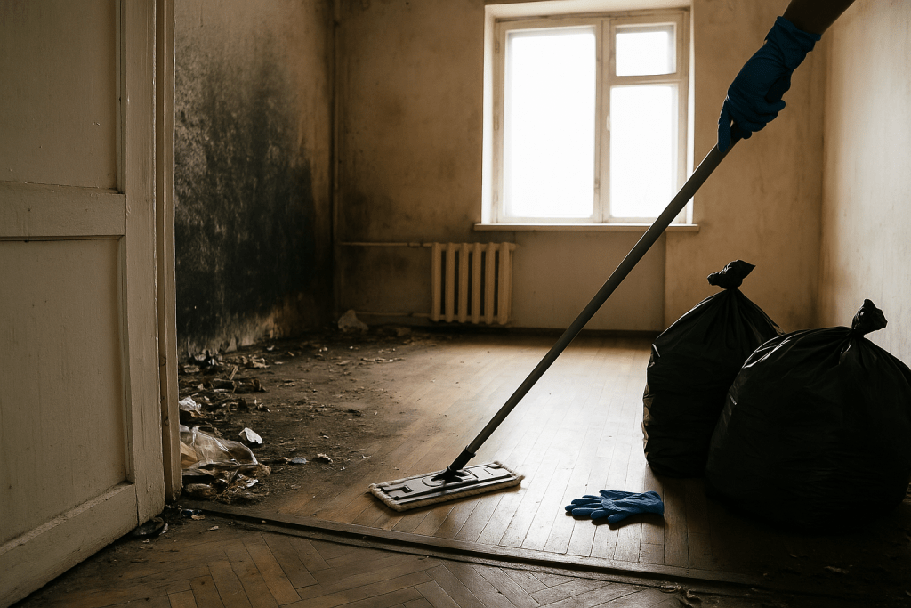 Nettoyage d’un logement insalubre à Royan après un cas de syndrome de Diogène, avec intervention professionnelle, sacs de déchets et désinfection en cours.