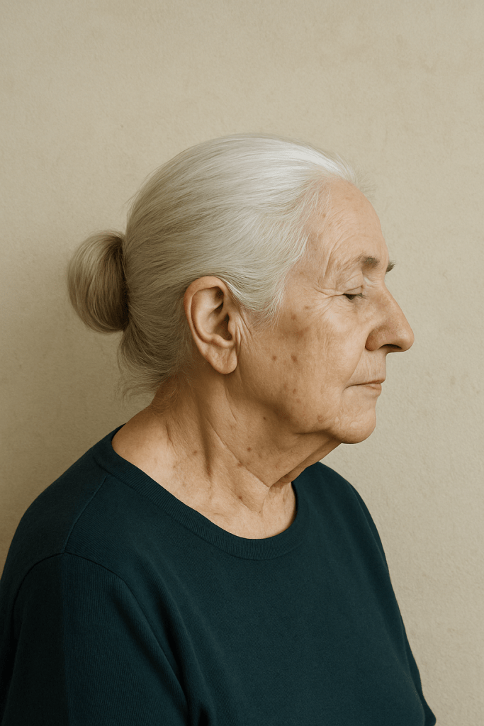 Femme âgée en profil dans une chambre à Royan, illustration du nettoyage après syndrome de Diogène chez les personnes de plus de 70 ans.